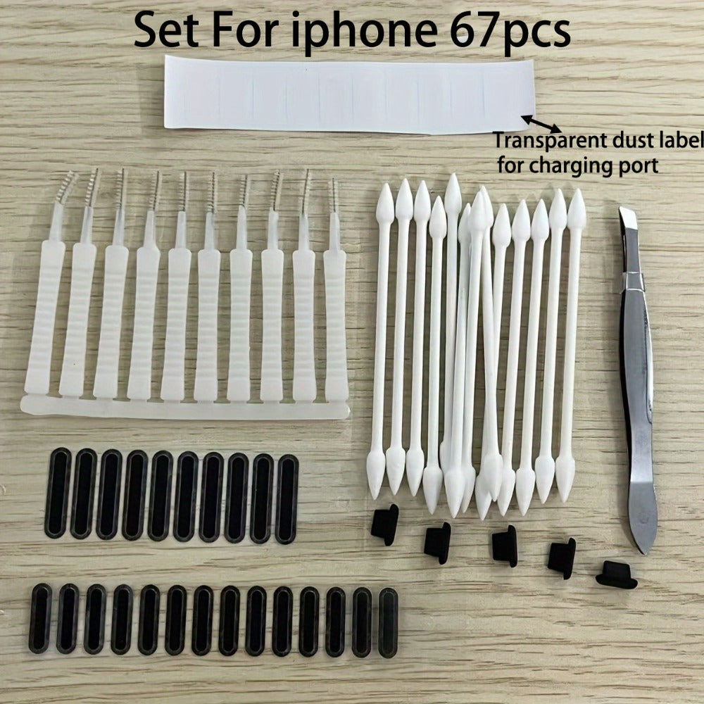 Phone Dust Plug Kit 67PCS – Type-C & Lightning Port Protectors, Speaker Dust Mesh Stickers, Cleaning Brush Set, Anti-Dust Caps for iPhone & Android Smartphones