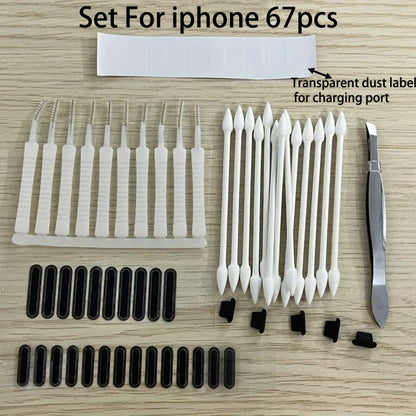 Phone Dust Plug Kit 67PCS – Type-C & Lightning Port Protectors, Speaker Dust Mesh Stickers, Cleaning Brush Set, Anti-Dust Caps for iPhone & Android Smartphones