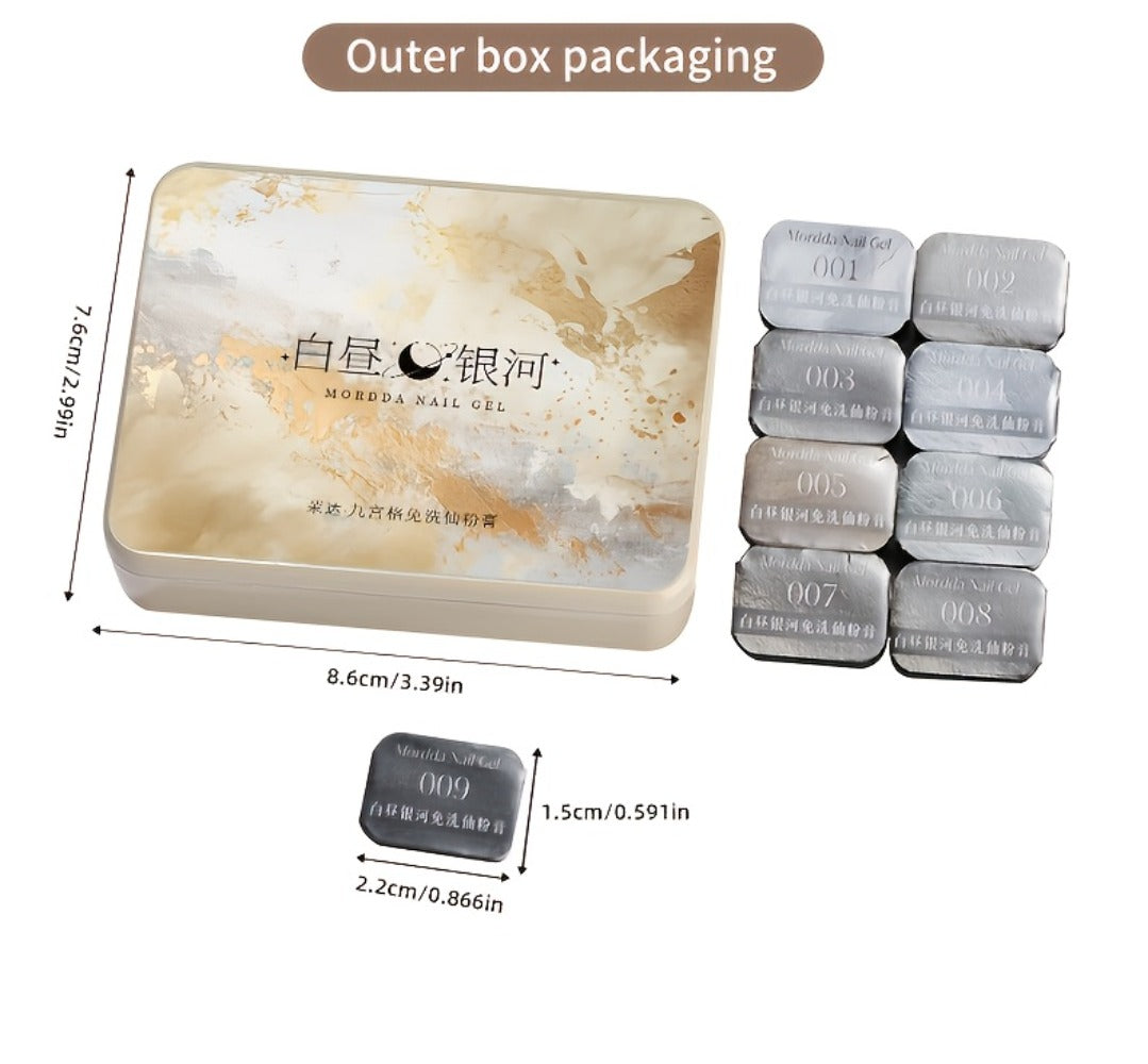 Shimmer Nail Art Gel Nine-Color Grid Palette with Metallic Neutral or Milky Way Color Selection