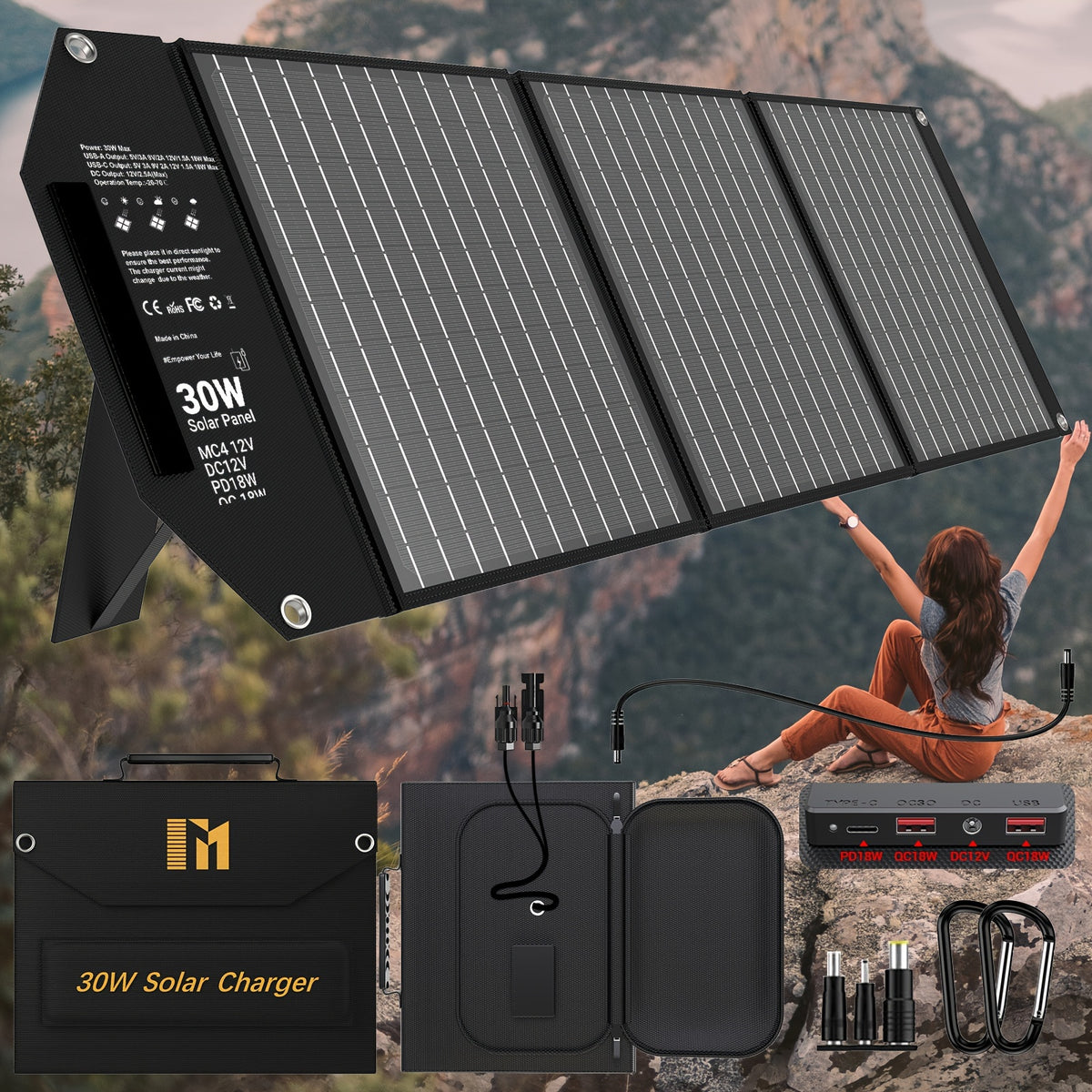 Portable Solar Panel Charger 30W 60W 100W Foldable Camping Solar Charger with 18V MC4 Dual USB-A QC3.0 USB-C PD18W Ports for Camping RV Hiking Outdoor Power Bank Charging