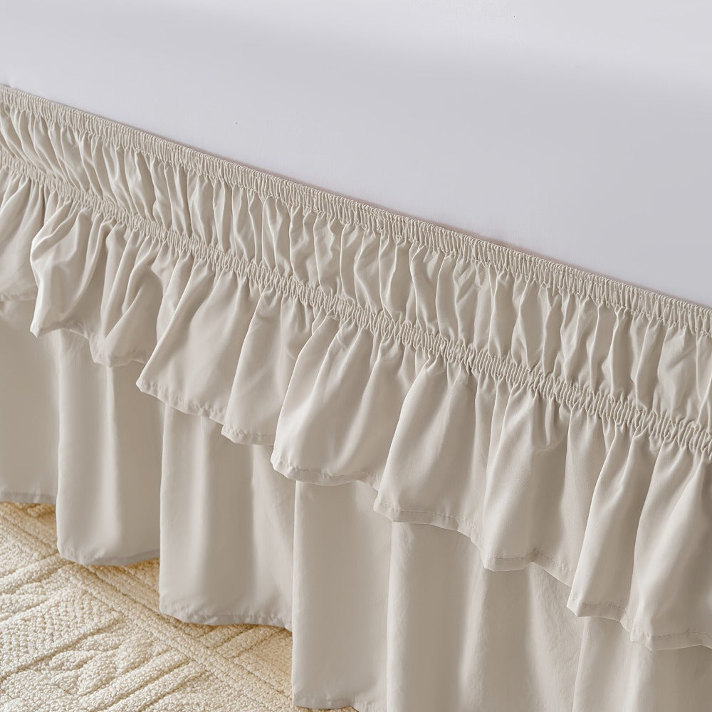 Double Ruffle Bed Skirt 16" Drop | Elastic Wrap Around Dust Ruffle for Twin Full Queen King Bed | Easy Install Machine Washable Soft Linen Poly Blend Bedskirt