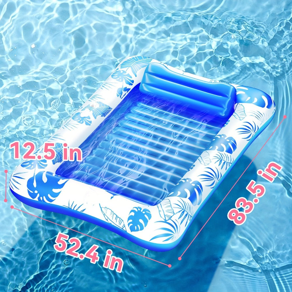 Blue-and-White Inflatable Pool Mattress with Removable Headrest, Cup Holder and 83.5 x 52.4-Inch Base
