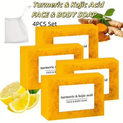 Turmeric and Kojic Acid Bar Soap, Four-Piece Orange Bar Set with Included White Foaming Mesh Net