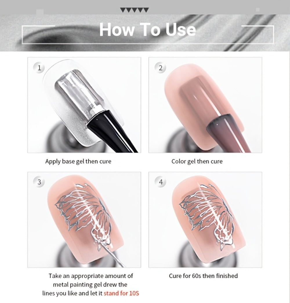 Metallic Silver Nail Art Painting Gel in 7ml LILYCUTE Jar with Fine Detail Brush for Lines and Floral Patterns