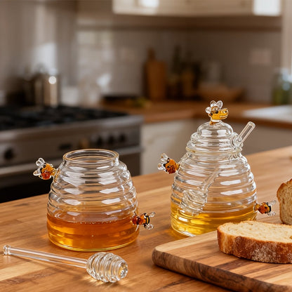 Glass Honeycomb Honey Jar with Lid and Stirrer | 480ml High Borosilicate Transparent Storage Container for Home Kitchen Wedding Party