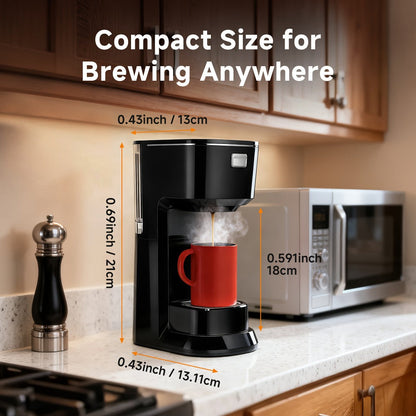 Compact Single-Serve Coffee Maker for Pods or Grounds with One-Button Control and Black or White Finish