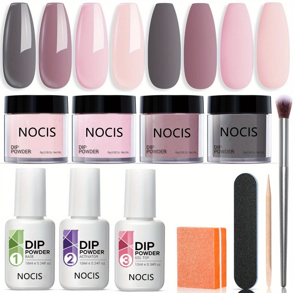 Dip Powder Nail Kit with NOCIS Label, Four Nude Gray Pink Powders, Three 10ml Liquids and Four Tools