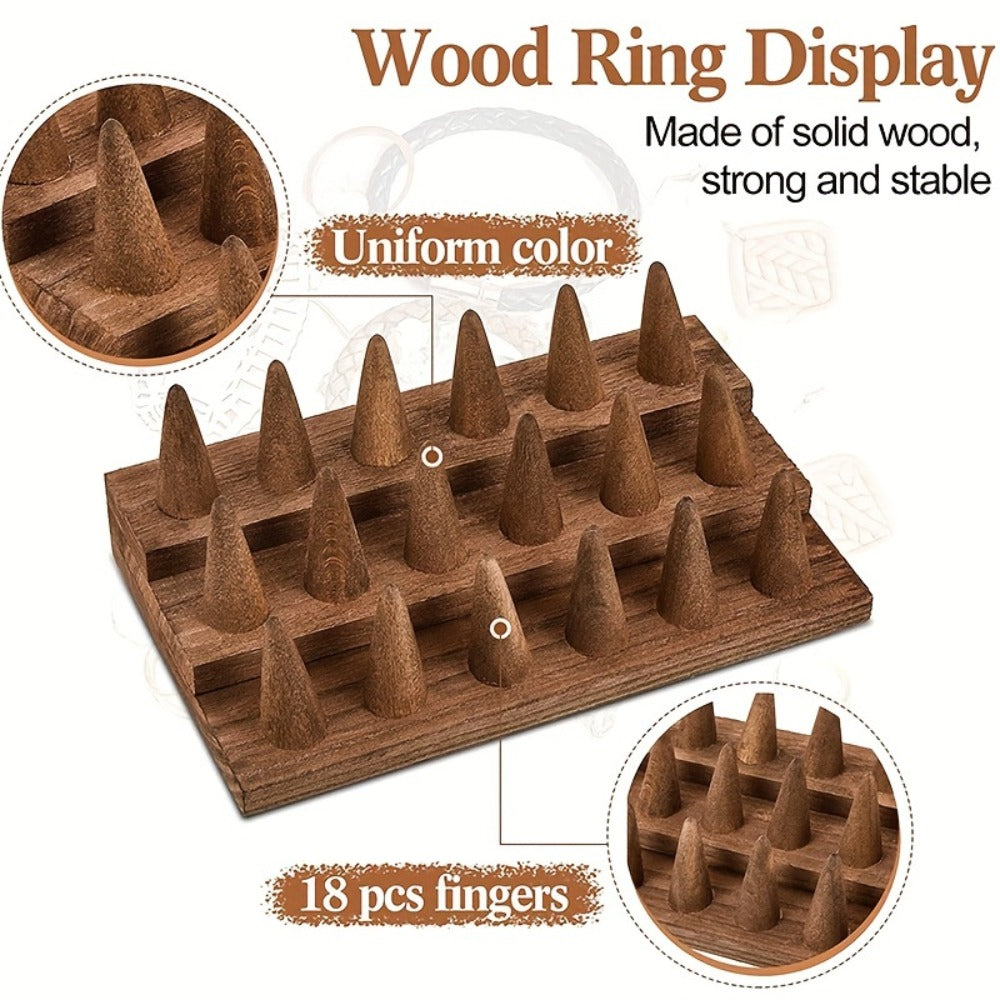 Jewelry Organizer Solid Wood Ring Display Stand in 2-Tier 12-Ring or 3-Tier 18-Ring Options