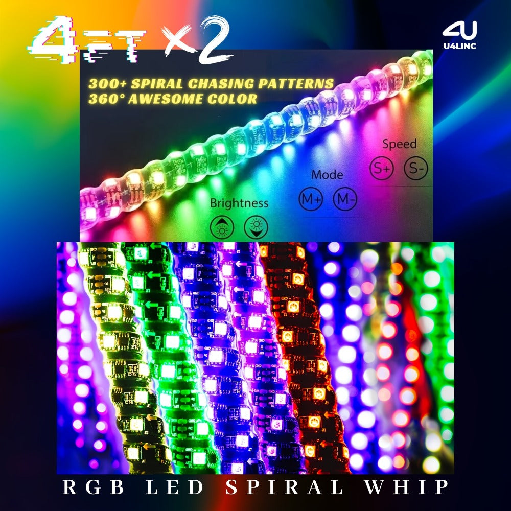 RGB LED Whip Lights for UTV ATV – 1ft/2ft/3ft/4ft Spiral Color Changing Neon Light Whips with Remote & App Control, Music Sync, for RZR SXS Dune Buggy Off-Road Truck (2pcs, No Spring Base)