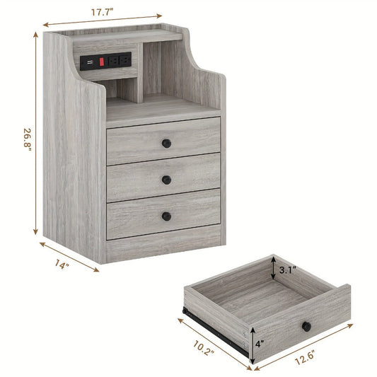 Nightstand with Power Outlets and USB Ports – 3-Drawer Hutch Charging Station | 2 Outlets 2 USB | Bedroom End Table Side Table | 14"D x 17.7"W x 26.8"H | Gray or White | Housewarming Gift