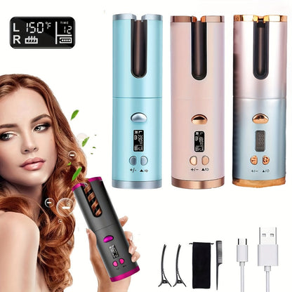 Cordless Automatic Hair Curler USB Rechargeable Rotating Curling Iron 6 Heat Settings LCD Display Auto Shut-Off Fast Heat-Up Storage Bag 4 Hair Clips Comb All Hair Types Women Blue Pink Gray Gradient