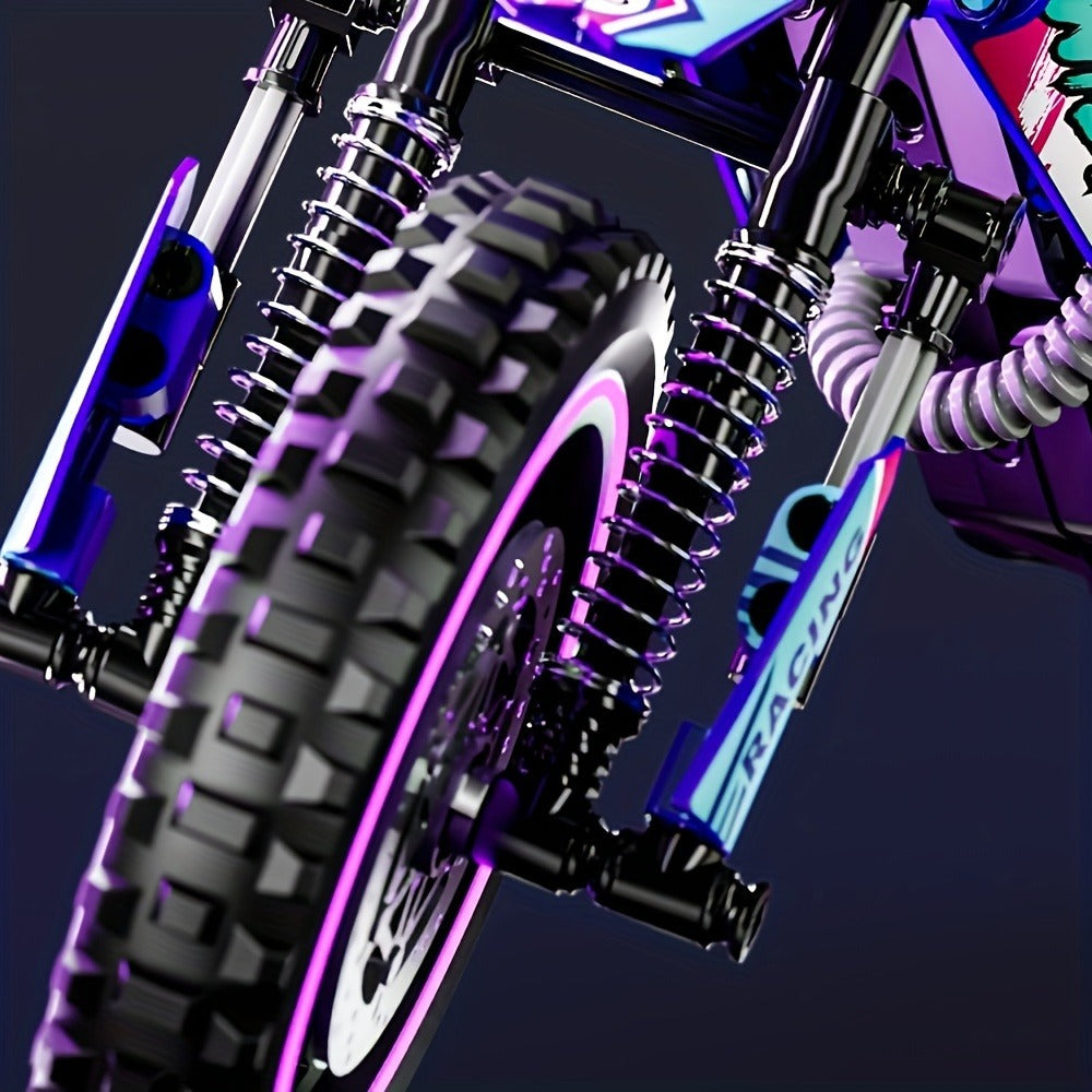 Building Block Set Off-Road Motorcycle Model, 476-Piece Purple and Black Bike with Display Dimensions and Instructions