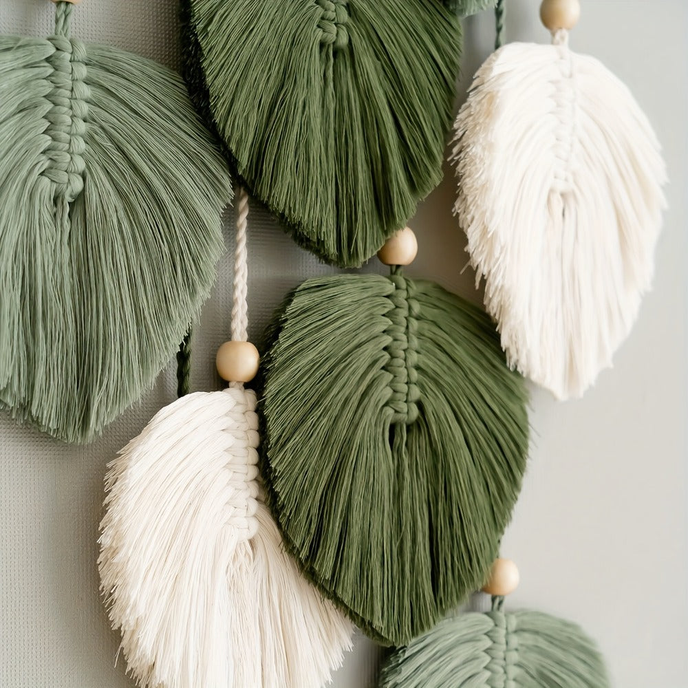 Green Leaf Macrame-Style Wall Hanging with Wooden Dowel, Beaded Cord and 21.6-Inch Listed Length