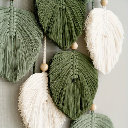 Green Leaf Macrame-Style Wall Hanging with Wooden Dowel, Beaded Cord and 21.6-Inch Listed Length