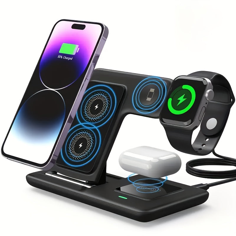 3-in-1 Wireless Charging Station with QC3.0 Adapter Included 15W Fast Charge – Upright Stand for iPhone 17/16/15/14/13/12/11, Apple Watch Ultra/Series 9/8/SE & AirPods | Black & White