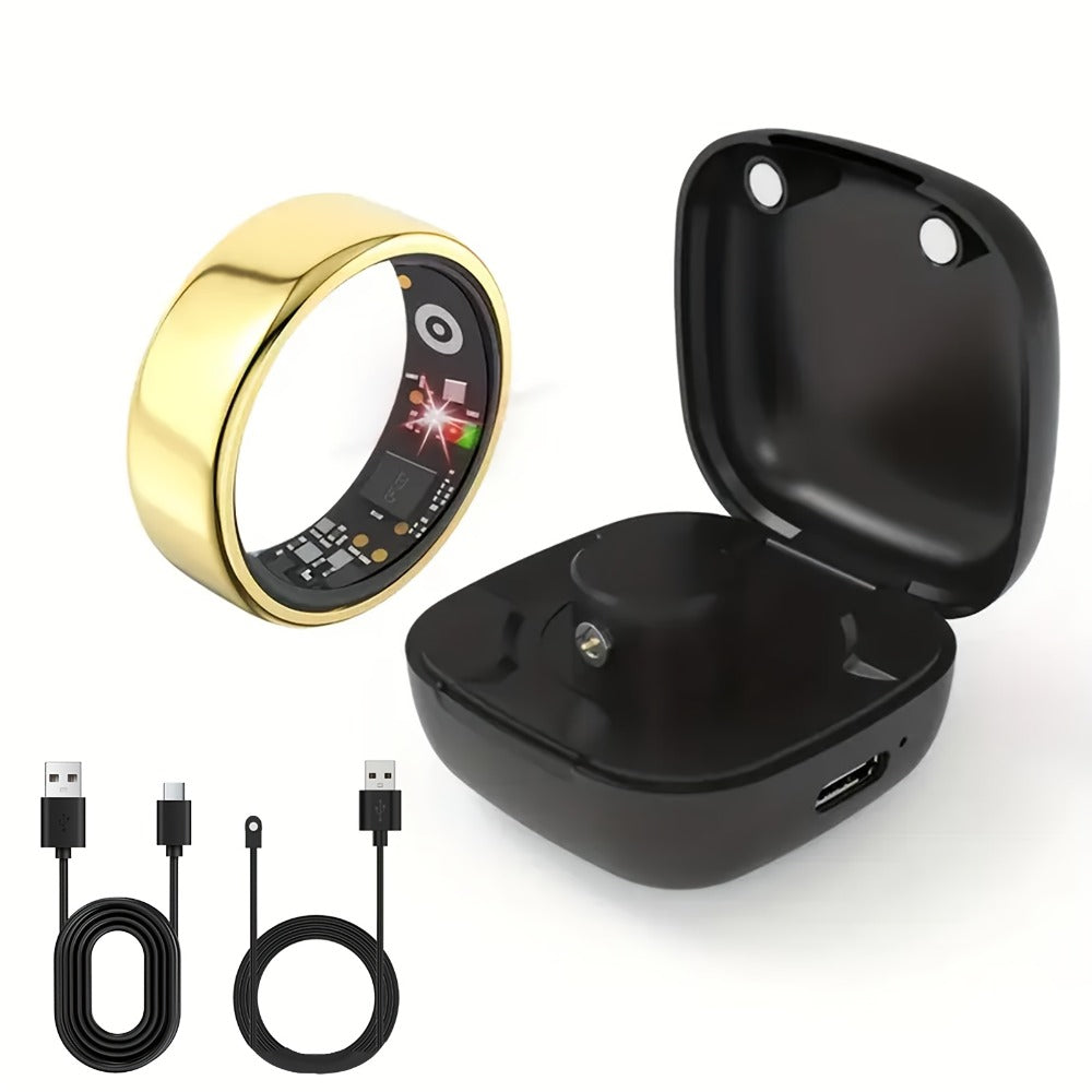 Smart Ring with Charging Case – Bluetooth 6.0 Fitness & Sleep Tracker, Steps, Calories, Remote Camera Control, iOS & Android Compatible, Sizes 7–13, Black Gold Silver