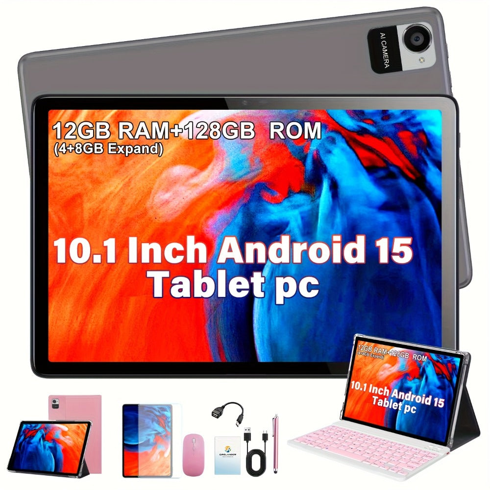CRELANDER 10.1 Inch Android 15 Tablet 2-in-1 with Wireless Keyboard, Mouse, Case & Stylus | 128GB ROM 12GB RAM 1TB Expandable, Quad Core, Dual Camera, 2.4+5G Wi-Fi, IPS HD Display, GMS Certified