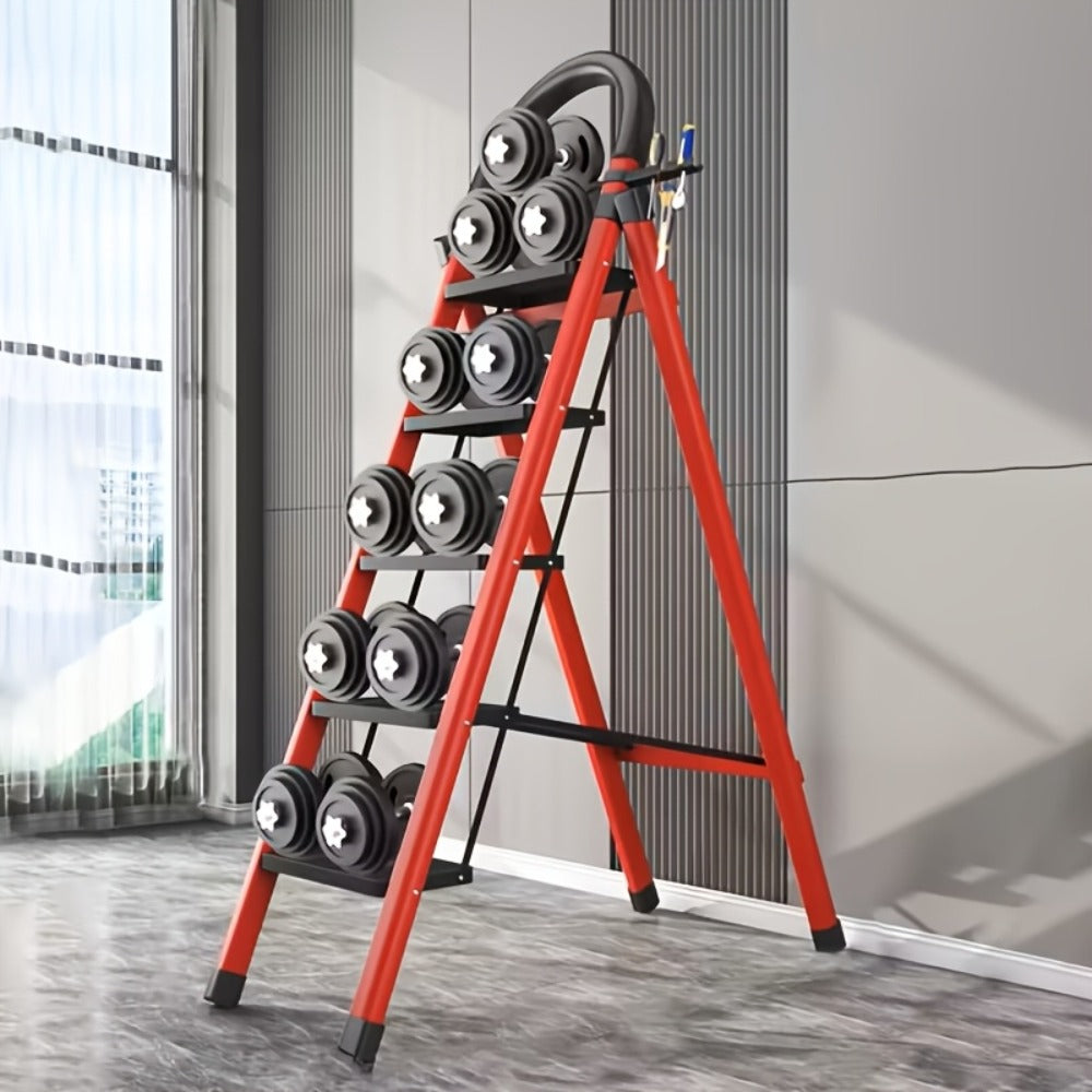 Red Five-Step Folding Ladder, 55.1 Inches Open with Padded Handrail, Side Tool Holder and Ribbed Treads