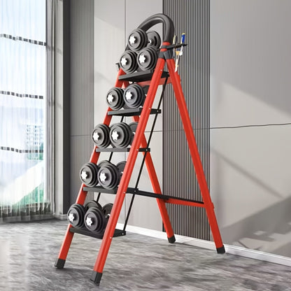 Red Five-Step Folding Ladder, 55.1 Inches Open with Padded Handrail, Side Tool Holder and Ribbed Treads