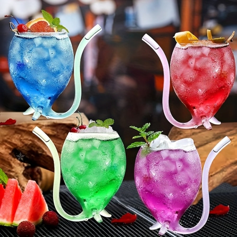 Four-Piece Novelty Tail-Straw Drinking Glass Set with 12-Ounce Capacity and 4.7-Inch Cup Height