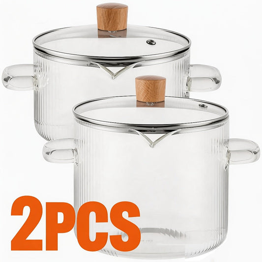 Glass Saucepan Set 2-Pack Stovetop Safe Borosilicate Ribbed Pots with Lids – 78oz & 54oz Heat Resistant Cookware for Soup, Ramen, Milk | Transparent Glass Pot Kitchen Cooking Set with Baking Mat