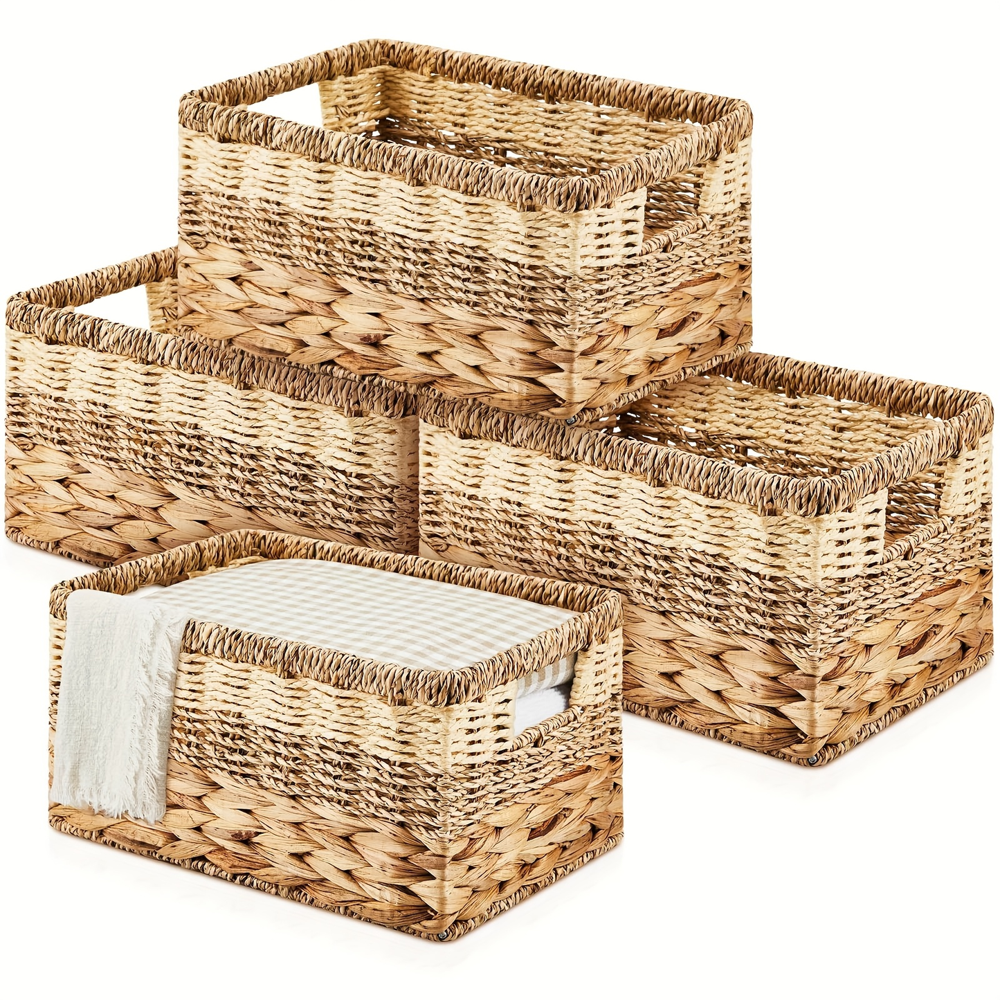 Water Hyacinth Wicker Storage Baskets Set of 4 with Handles, 12 x 8 x 6.3-Inch Shelf Organizers