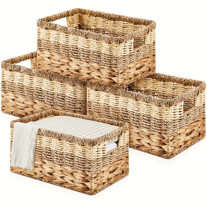 Water Hyacinth Wicker Storage Baskets Set of 4 with Handles, 12 x 8 x 6.3-Inch Shelf Organizers