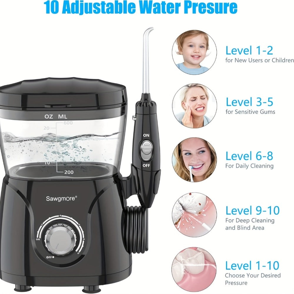 600 ml Desktop Water Flosser in Black with 10 Pressure Levels, Eight Nozzles and Large Tank