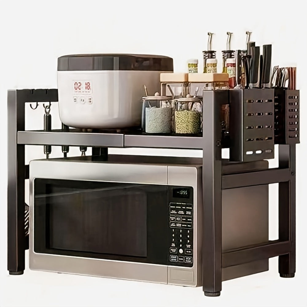 Microwave Stand Kitchen Organizer Extendable Black Iron Countertop Shelf for Cookware, Bowls and Cups
