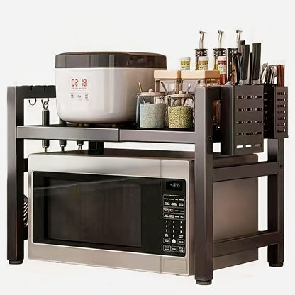 Microwave Stand Kitchen Organizer Extendable Black Iron Countertop Shelf for Cookware, Bowls and Cups