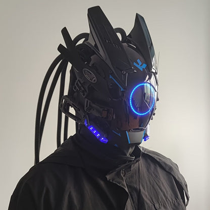 LED Braided Cyberpunk Costume Helmet with Circular Face Light and Blue, Green or Pink Accent Styles
