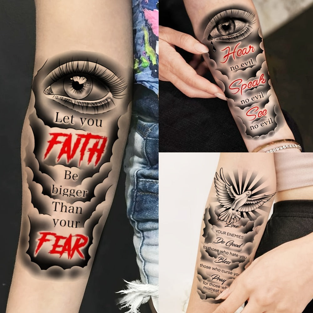 Christian Temporary Tattoos 68 Sheets Bulk Set | God Jesus Faith Prayer Peace Tribal Lion Eye Quote Designs | Waterproof Fake Tattoo Stickers for Men Women Adults | Half Arm Sleeve Body Art Pack