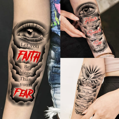 Christian Temporary Tattoos 68 Sheets Bulk Set | God Jesus Faith Prayer Peace Tribal Lion Eye Quote Designs | Waterproof Fake Tattoo Stickers for Men Women Adults | Half Arm Sleeve Body Art Pack