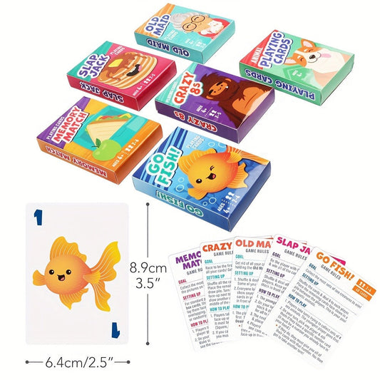 Kids Card Games 6 in 1 Set with 6 Decks Go Fish Old Maid Crazy Eights Memory Match Slap Jack Animal Cards for Ages 4+ Family Game Night Birthday Christmas Stocking Stuffer