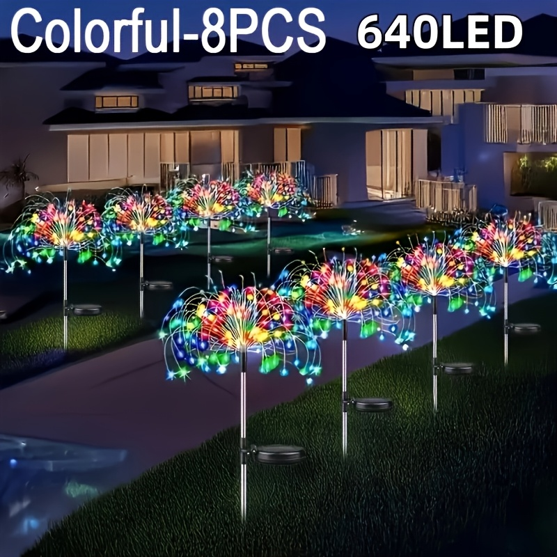 Solar Garden Lights Firework Stakes with 240-640 LEDs, 8 Modes, 4/8 Packs and Three Light Colors
