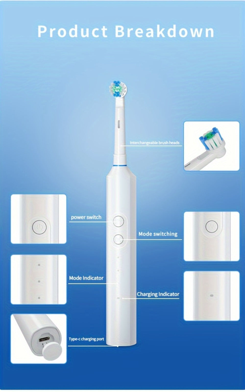 Electric Toothbrush with Three Modes, Four Round Brush Heads, 600mAh Battery, Smart Timer and IPX7 Rating