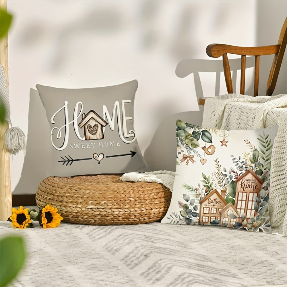 Four-Piece Botanical Farmhouse Pillow Cover Set in 18 x 18-Inch Size with Inserts Not Included