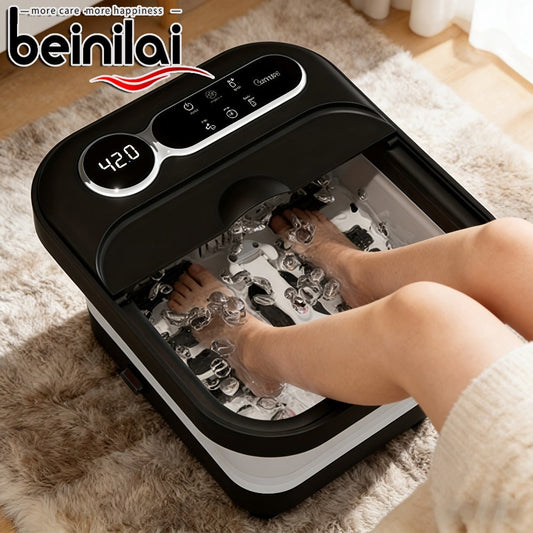 Foot Spa Massager Collapsible with Heater & Temperature Control – Foot Bath with Bubbles, 6 Massage Rollers, Vibration, Red Light Therapy & Auto Massage for Home Foot Care, Black Blue