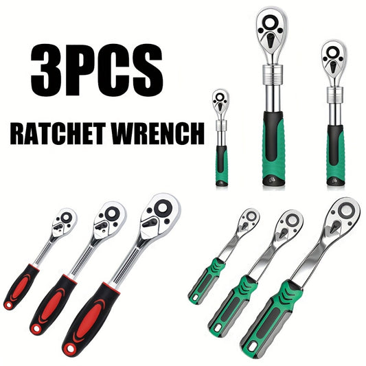 Ratchet Wrench Set 3-Piece - 1/4 3/8 1/2 Inch Drive Extendable Socket Wrench, 72-Tooth Quick-Release Reversible Gear, Soft Grip Handle, Torque Spanner for Automotive Repair, Mechanics & DIY