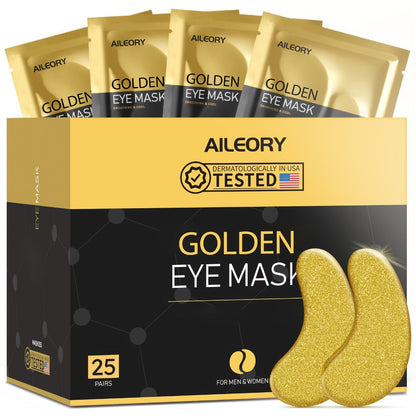Golden Under-Eye Mask Set with 25 Pairs of Individually Packed Gold Gel Patches in a Black-and-Gold Box