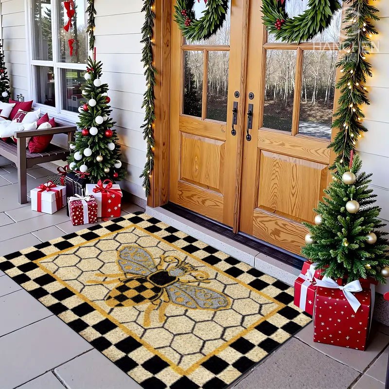 Bee Honeycomb Entryway Floor Mat with Black Check Border in Three Sizes from 15.74 x 23.62 to 17.71 x 47.24 Inches