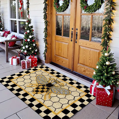 Bee Honeycomb Entryway Floor Mat with Black Check Border in Three Sizes from 15.74 x 23.62 to 17.71 x 47.24 Inches