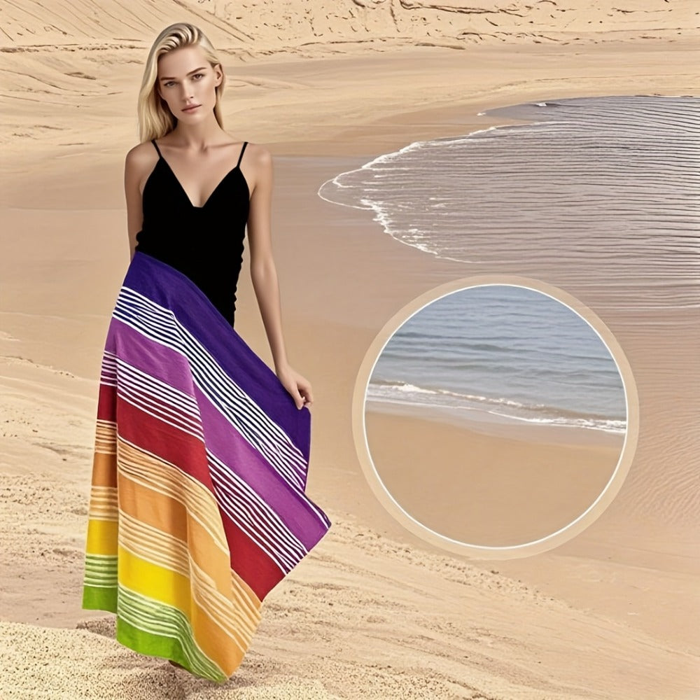 Oversized Rainbow-Striped Beach Towel, 67 x 35.4 Inches, Lightweight Design for Pool, Camping and Travel