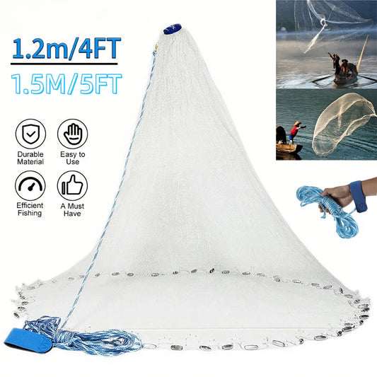 Fishing Cast Net 8FT 10FT with Real Zinc Sinker Weights, Nylon Monofilament Mesh 1.3cm, Heavy Duty Saltwater Bait Trap Net Easy Throw for American Fishing 240/300 Steel Drop