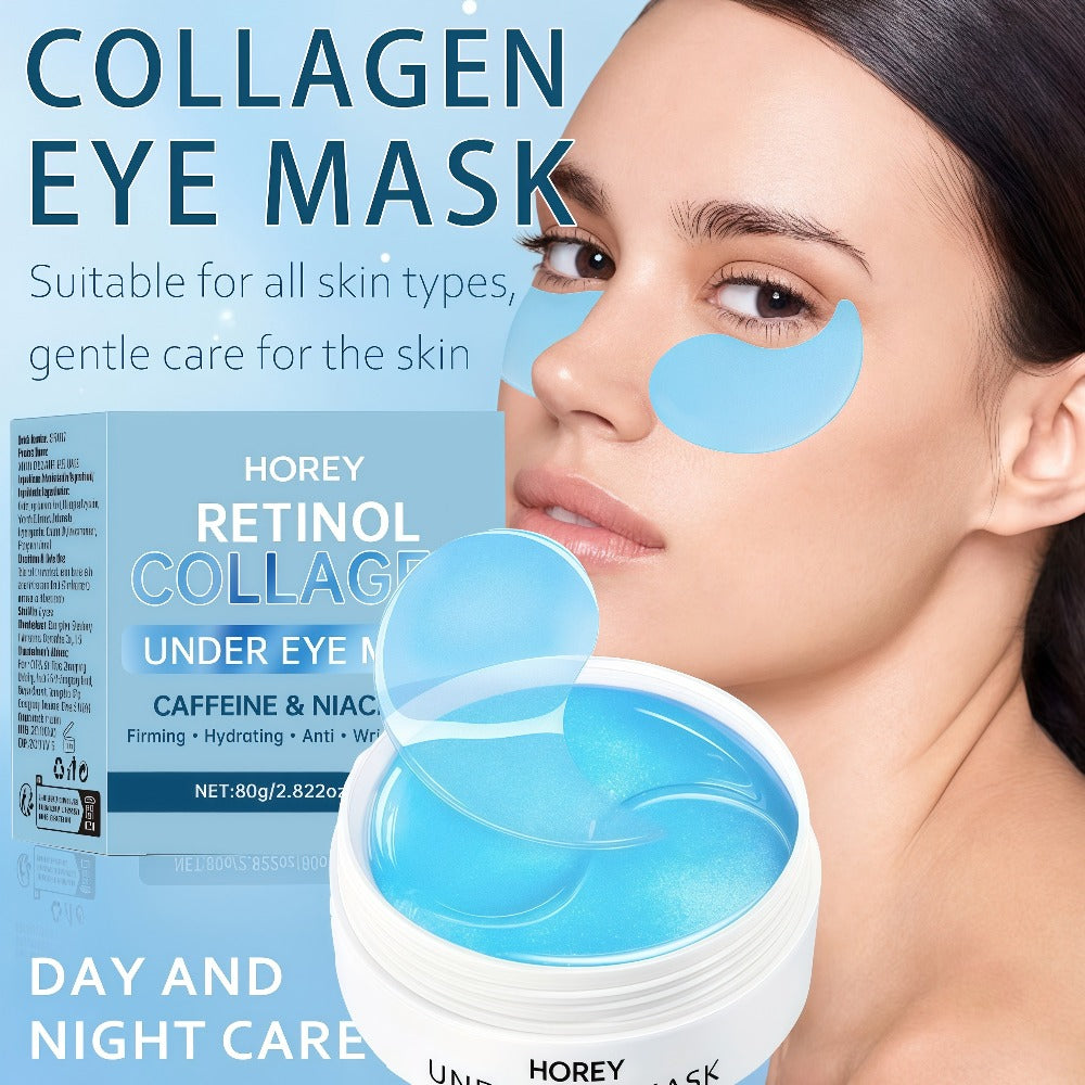 HOREY Blue Under-Eye Patch Jar with 60 Pieces and Retinol, Collagen, Caffeine and Niacinamide Package Wording