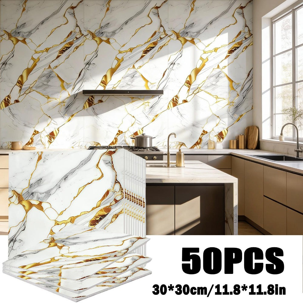 Marble Gold-Vein Wall Tile Sticker Set with 30 cm Panels, Four Colors and 50- or 100-Piece Packs