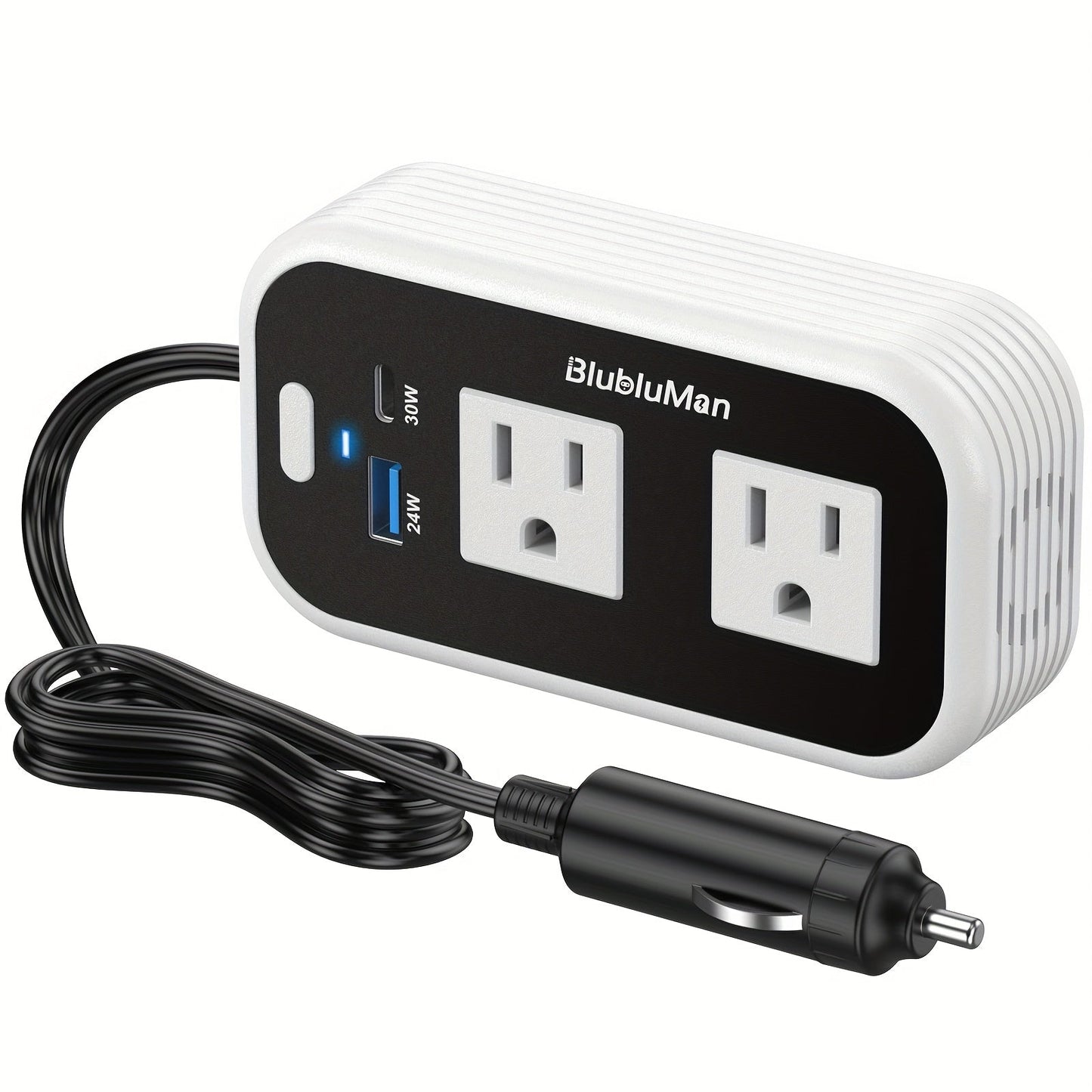 White-and-Black 200W Car Power Inverter with Two AC Outlets, 30W PD USB-C and 24W QC3.0 Ports