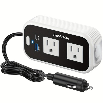 White-and-Black 200W Car Power Inverter with Two AC Outlets, 30W PD USB-C and 24W QC3.0 Ports