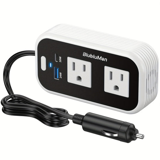 White-and-Black 200W Car Power Inverter with Two AC Outlets, 30W PD USB-C and 24W QC3.0 Ports