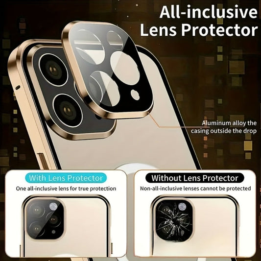 Phone Case Privacy Tempered Glass Cover with Aluminum Frame, Magnetic Snap Lock and Wireless Charging Support